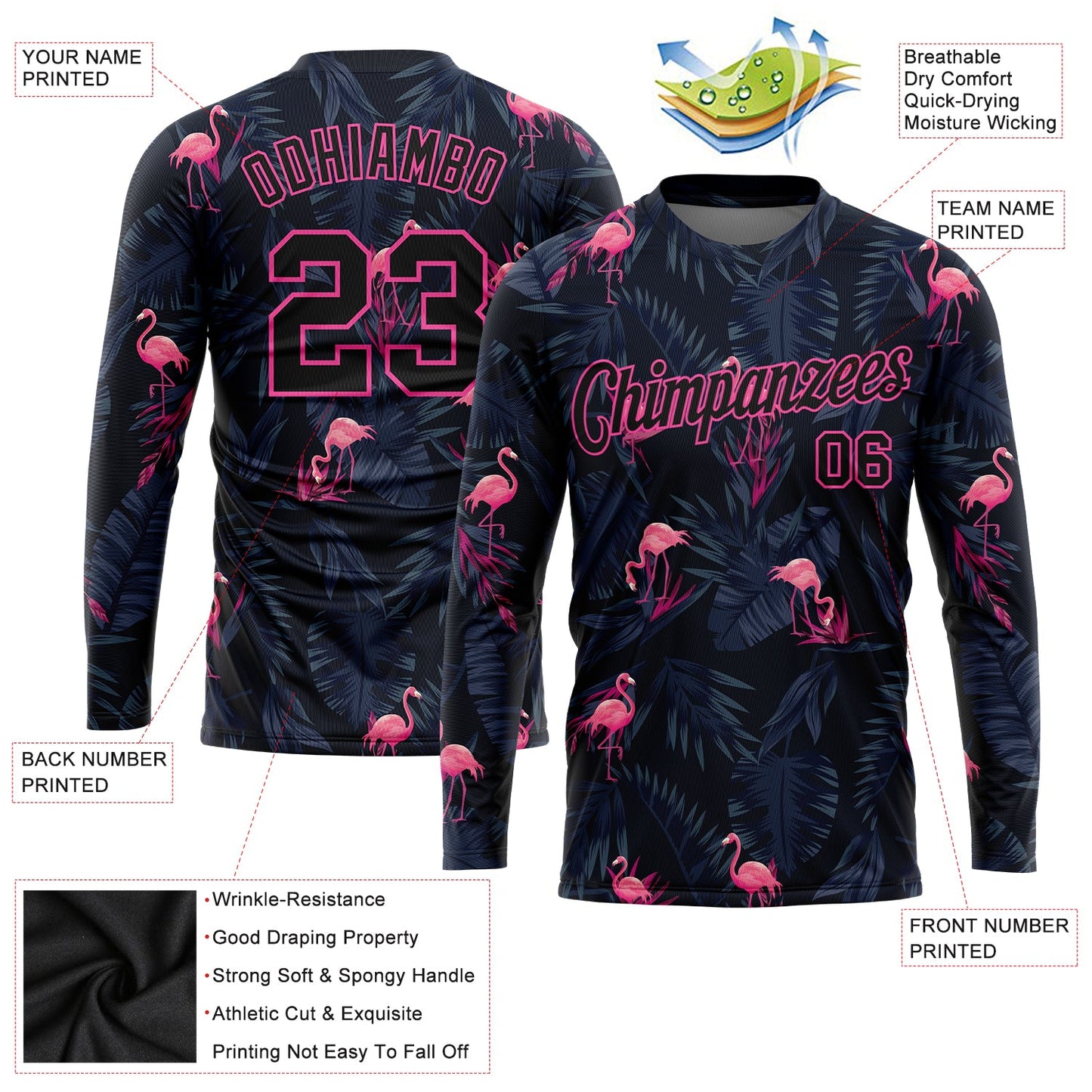 Custom Black Black-Pink Flamingo 3D Pattern Long Sleeve Performance T-Shirt view 2