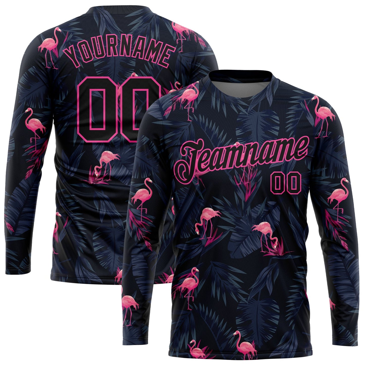 Custom Black Black-Pink Flamingo 3D Pattern Long Sleeve Performance T-Shirt - Main View