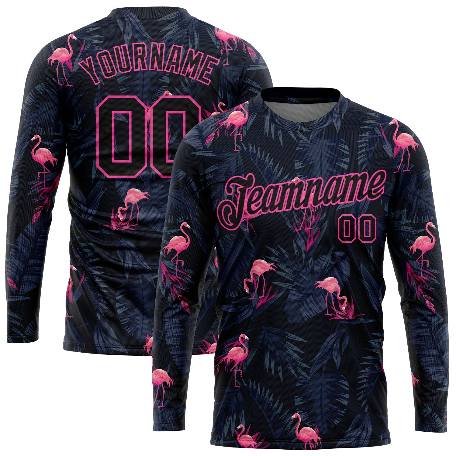 Custom Black Black-Pink Flamingo 3D Pattern Long Sleeve Performance T-Shirt - Main View