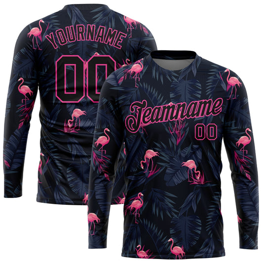 Custom Black Black-Pink Flamingo 3D Pattern Long Sleeve Performance T-Shirt - Main View