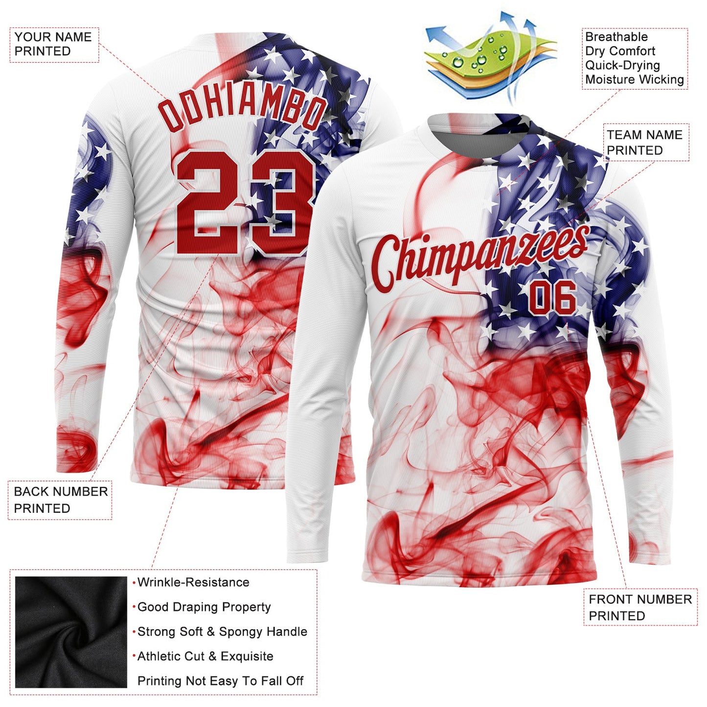 Custom White Red-Royal American Flag Fashion 3D Long Sleeve Performance T-Shirt view 2