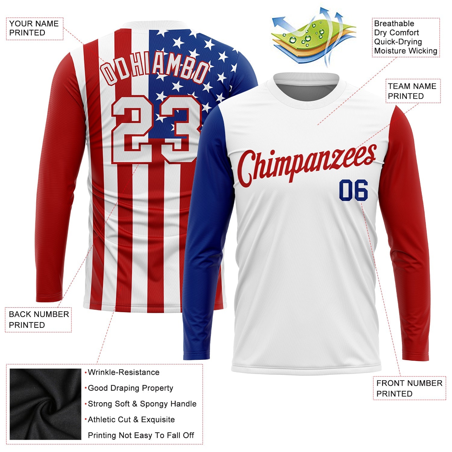 Custom White White Red-Royal American Flag Fashion 3D Long Sleeve Performance T-Shirt view 2