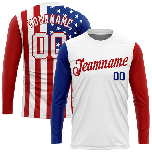 Custom White White Red-Royal American Flag Fashion 3D Long Sleeve Performance T-Shirt - Main View