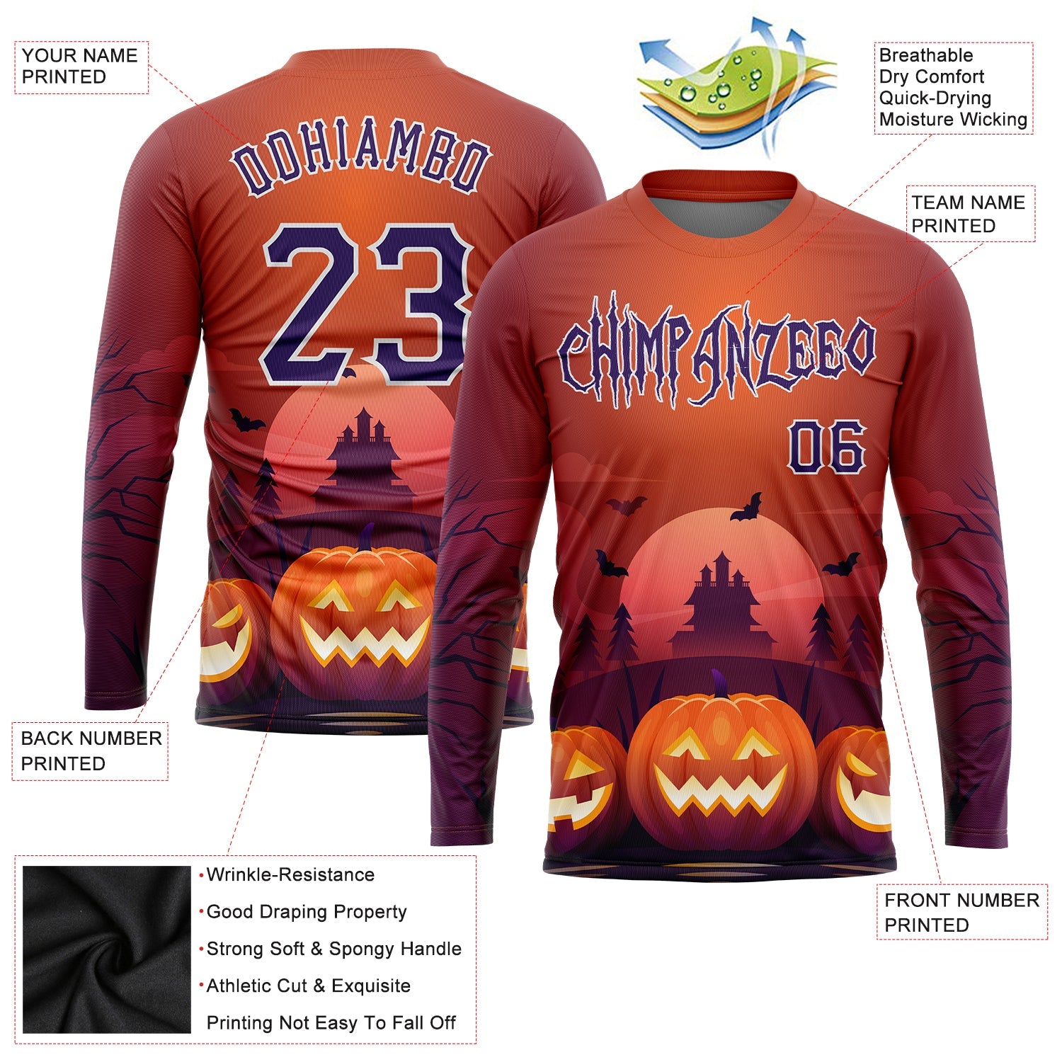 Custom 3D Pattern Halloween Pumpkins Horror Night Long Sleeve Performance T-Shirt view 2