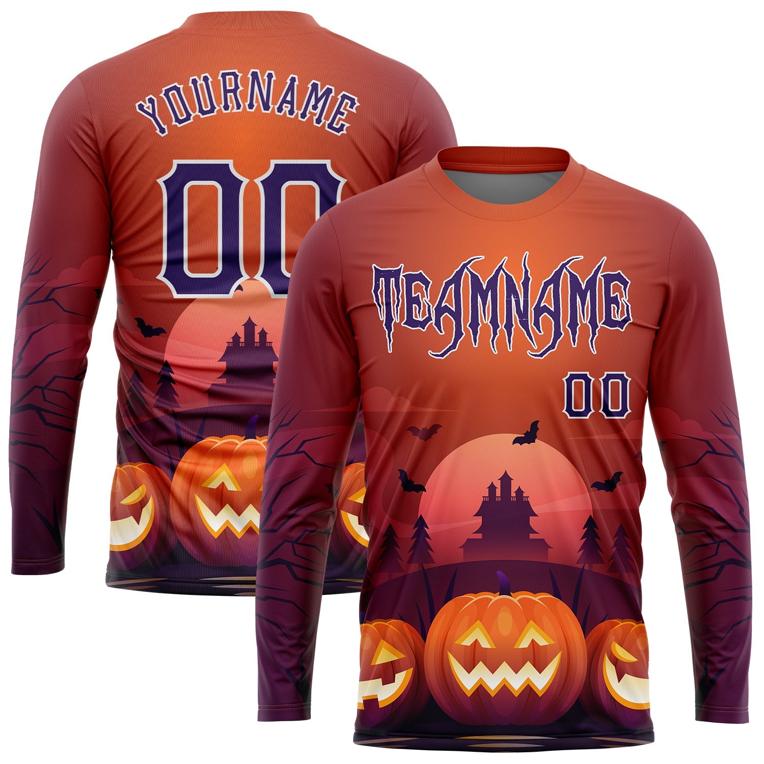 Custom 3D Pattern Halloween Pumpkins Horror Night Long Sleeve Performance T-Shirt - Main View