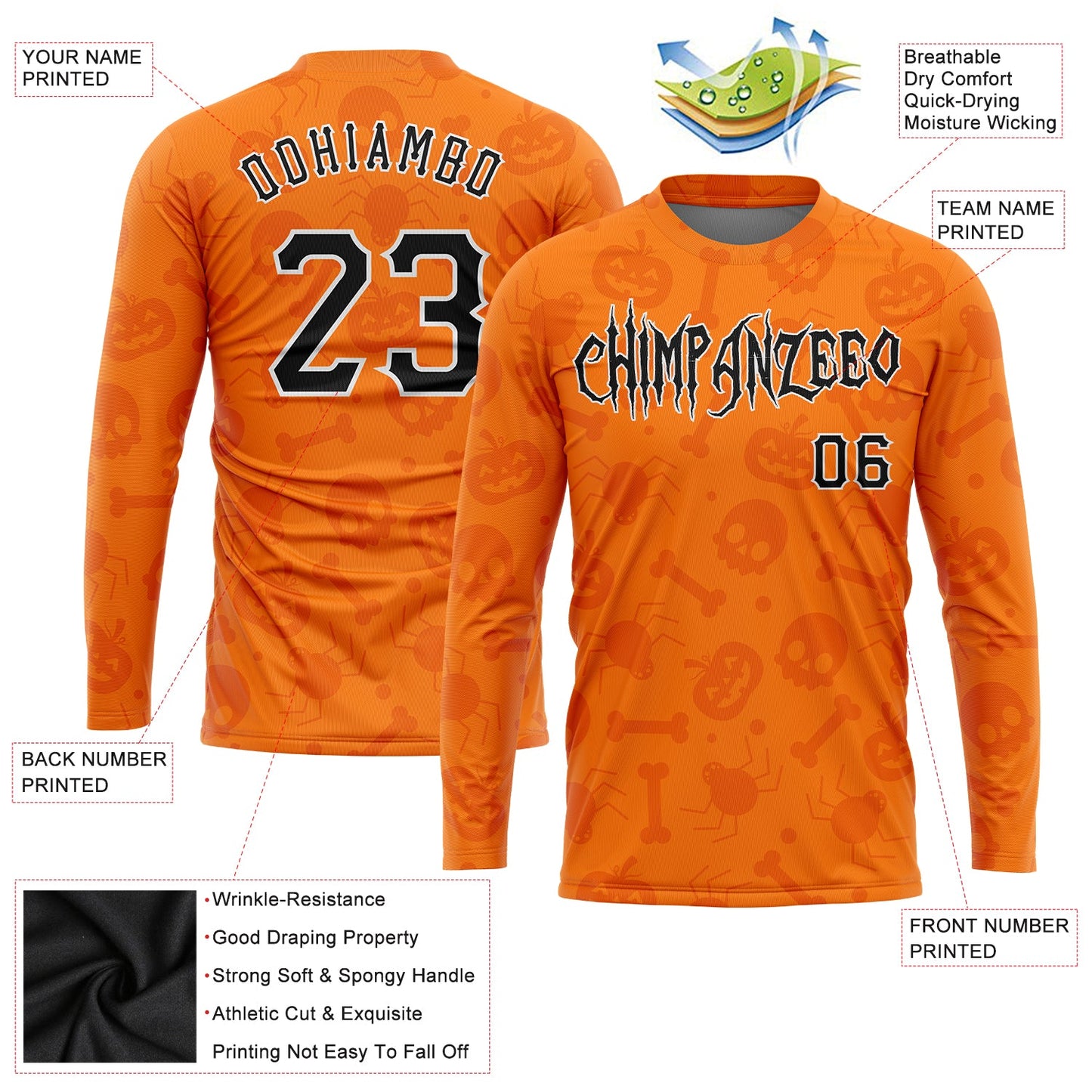 Custom 3D Pattern Halloween Pumpkins Skulls Candies Spiders Long Sleeve Performance T-Shirt view 2