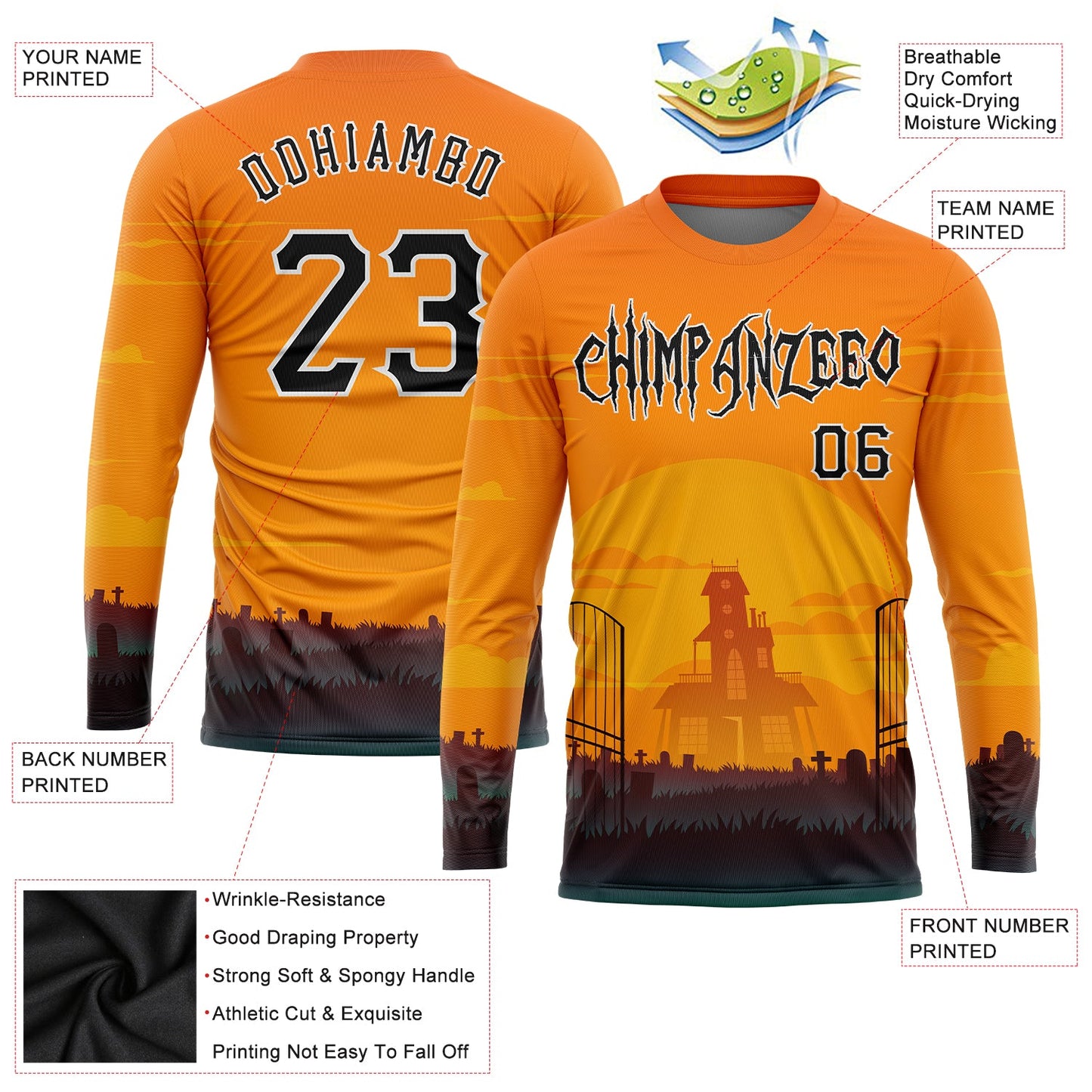 Custom 3D Pattern Halloween Horror Night Long Sleeve Performance T-Shirt view 2