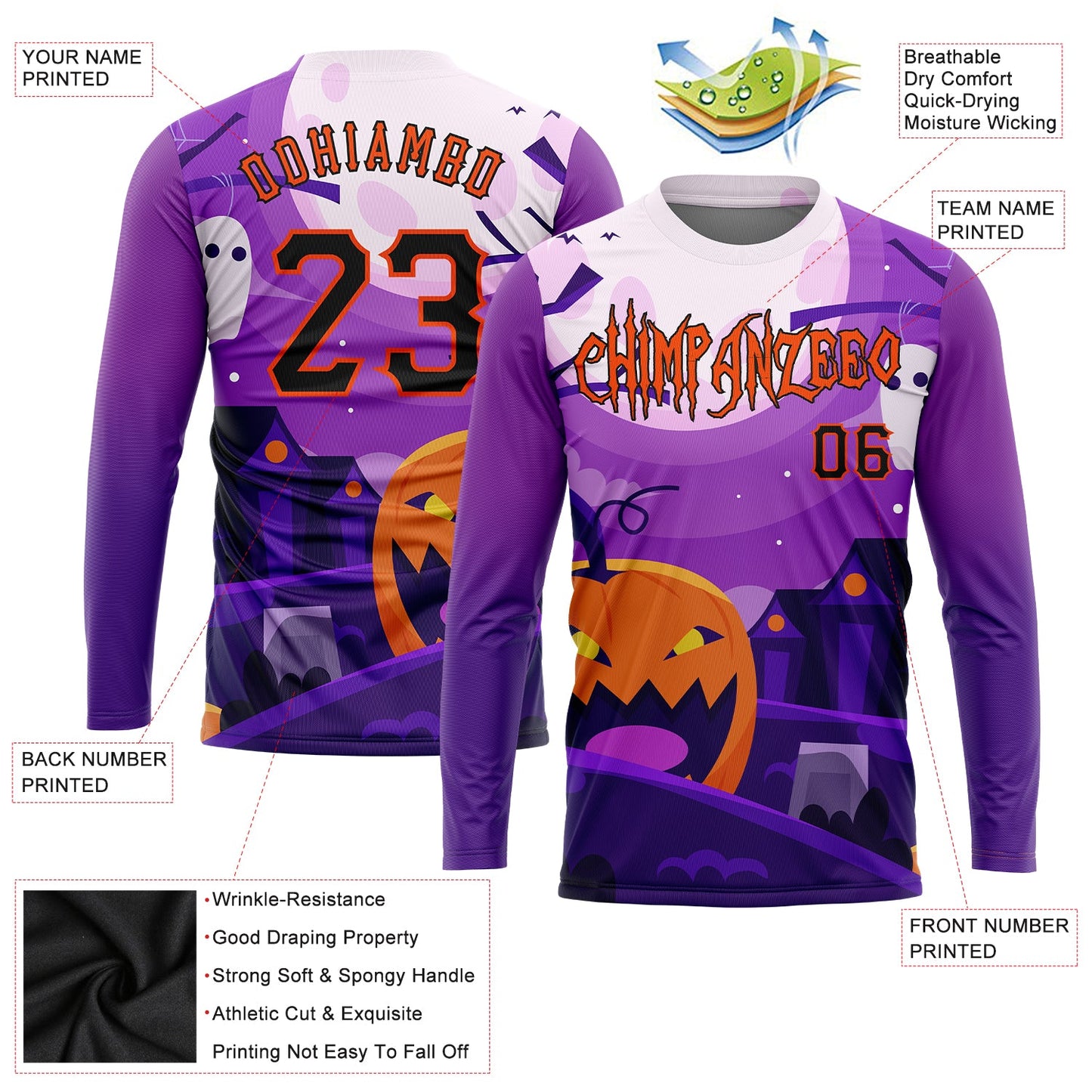Custom 3D Pattern Halloween Pumpkins Horror Night Long Sleeve Performance T-Shirt view 2