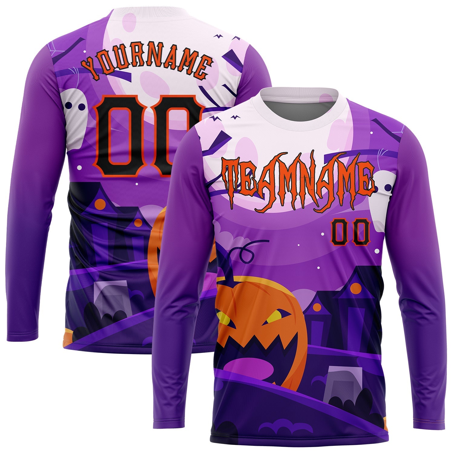 Custom 3D Pattern Halloween Pumpkins Horror Night Long Sleeve Performance T-Shirt - Main View