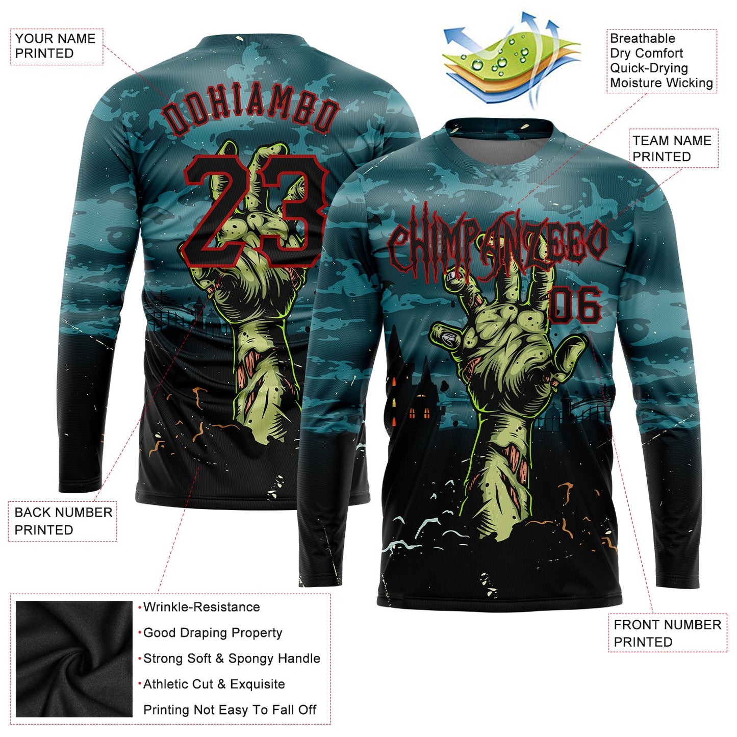 Custom 3D Pattern Halloween Horror Night Trick Treat Long Sleeve Performance T-Shirt view 2