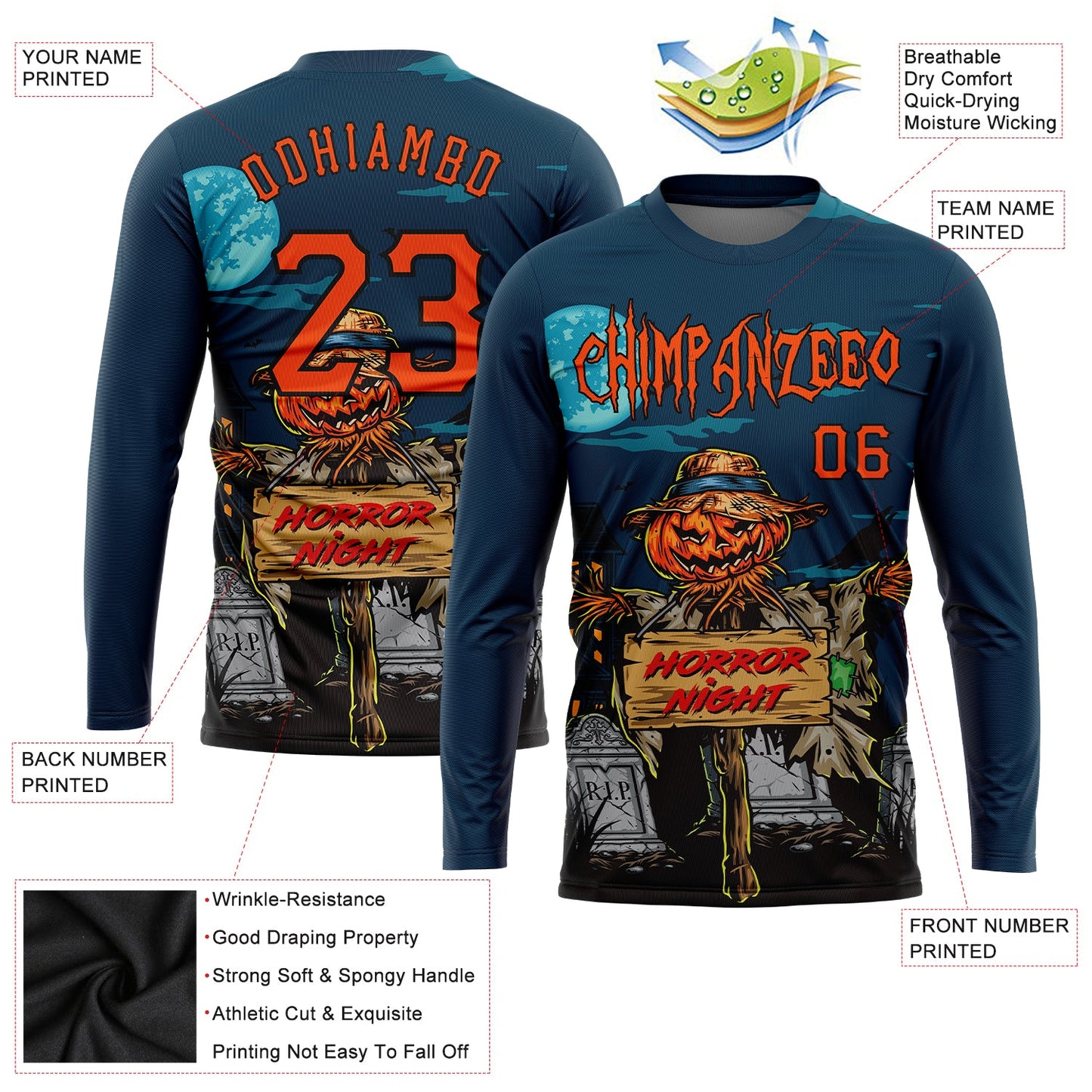 Custom 3D Pattern Halloween Pumpkins Horror Night Long Sleeve Performance T-Shirt view 2