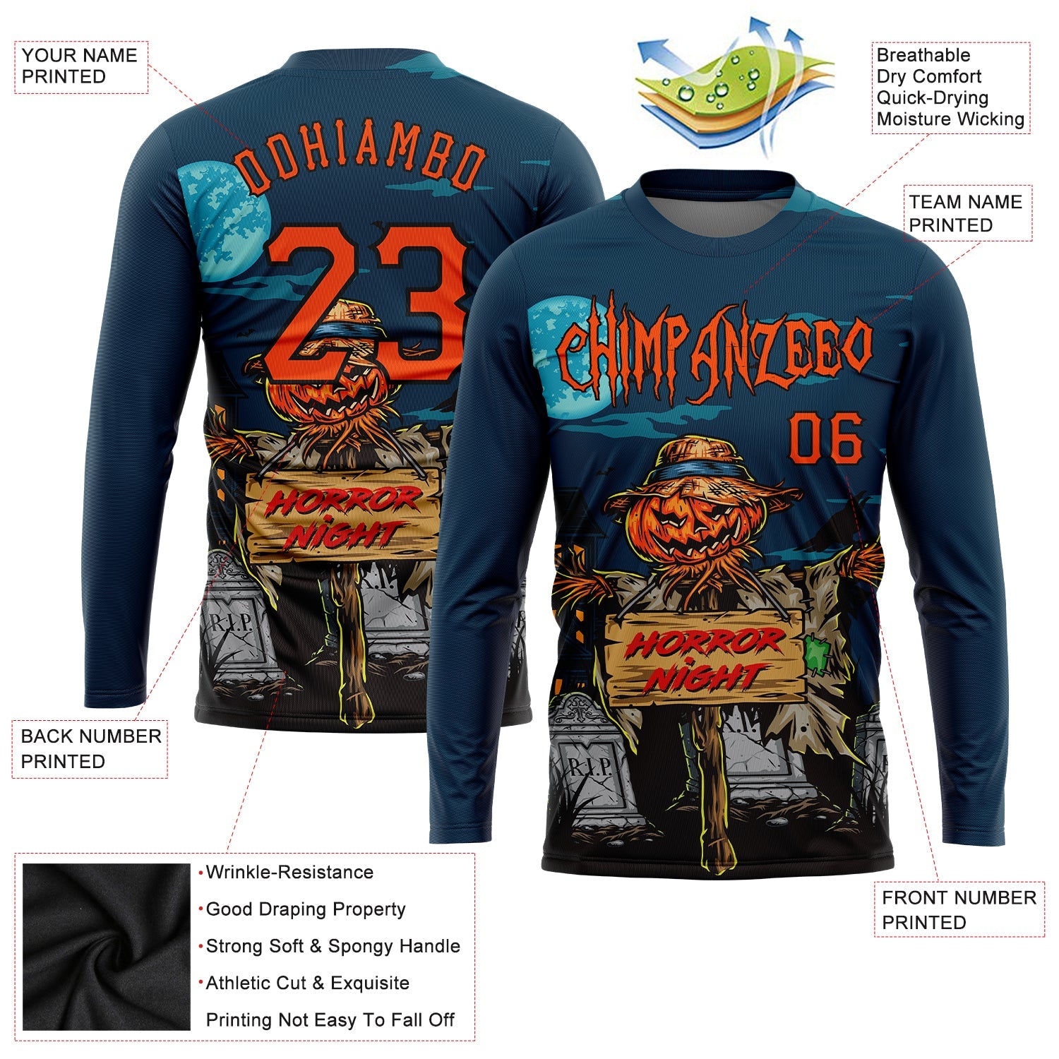 Custom 3D Pattern Halloween Pumpkins Horror Night Long Sleeve Performance T-Shirt view 2
