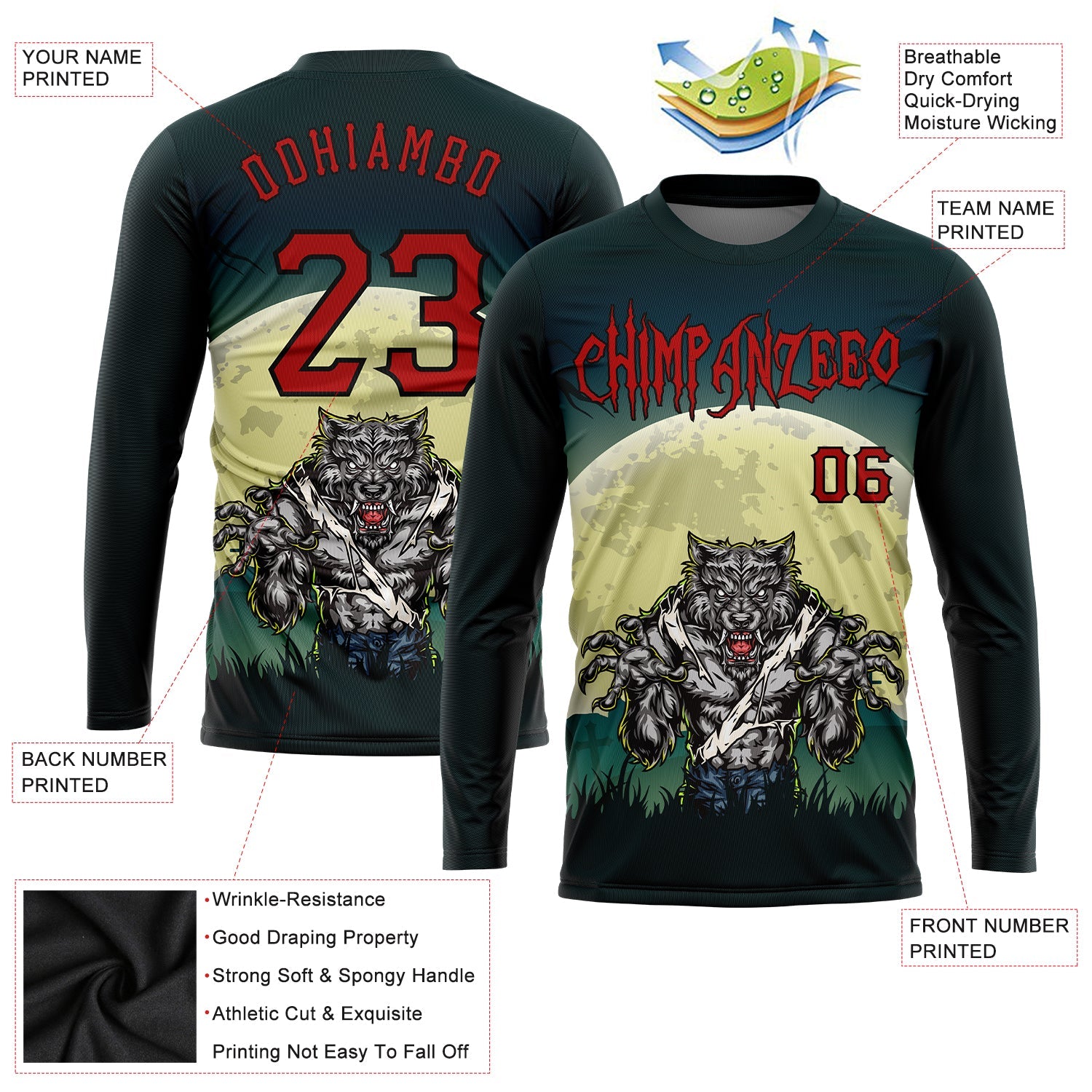 Custom 3D Pattern Halloween Trick Treat Horror Night Long Sleeve Performance T-Shirt view 2