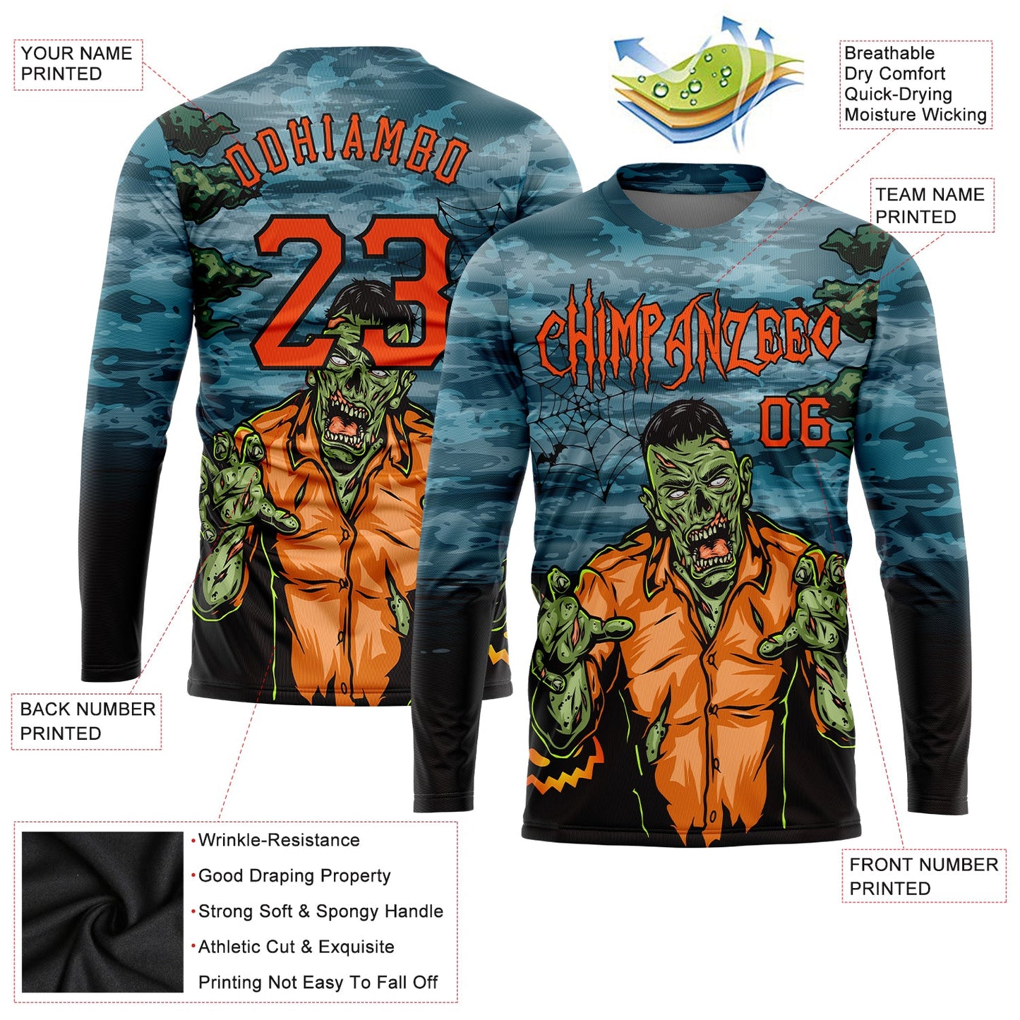 Custom 3D Pattern Halloween Trick Treat Horror Night Long Sleeve Performance T-Shirt view 2