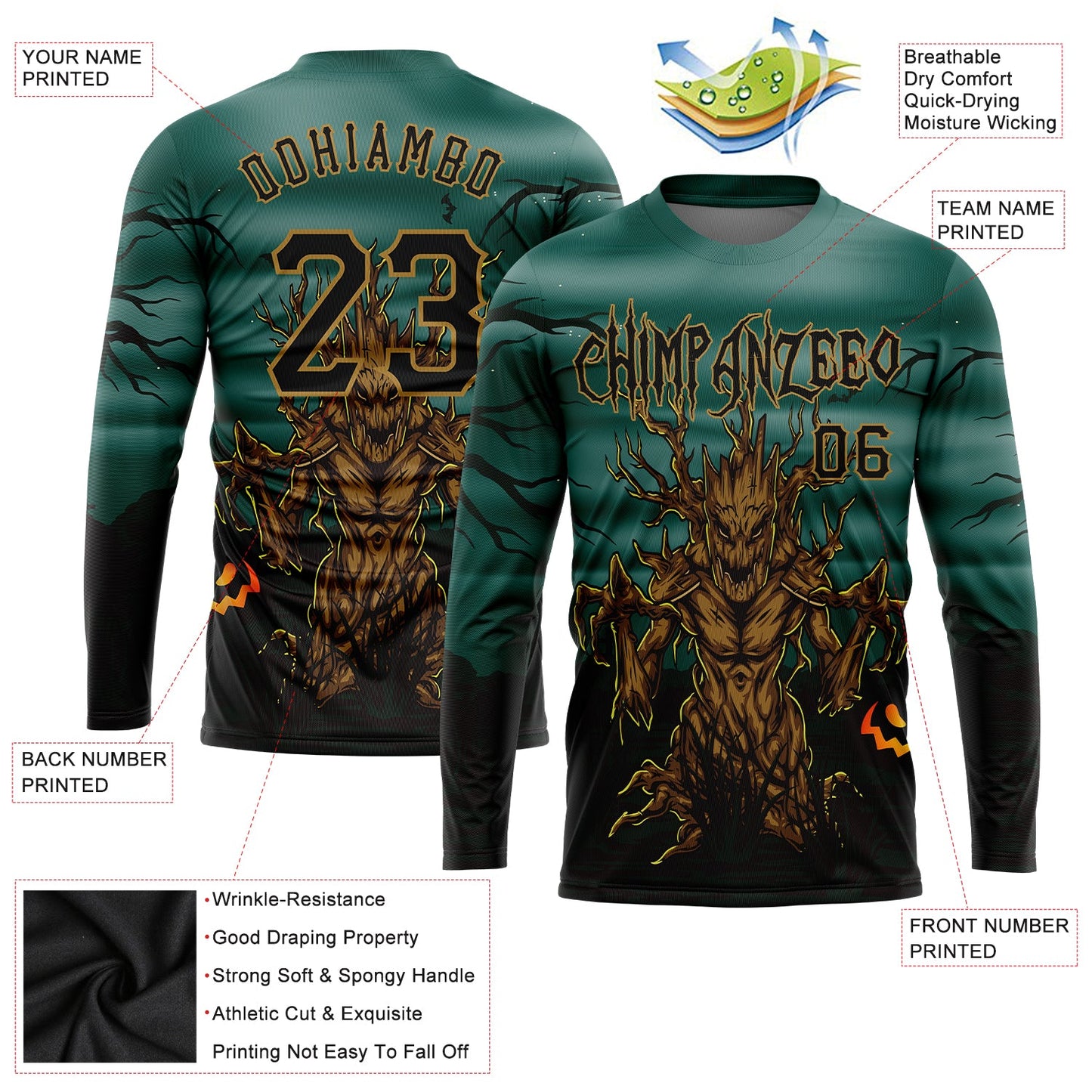 Custom 3D Pattern Halloween Trick Treat Horror Night Long Sleeve Performance T-Shirt view 2