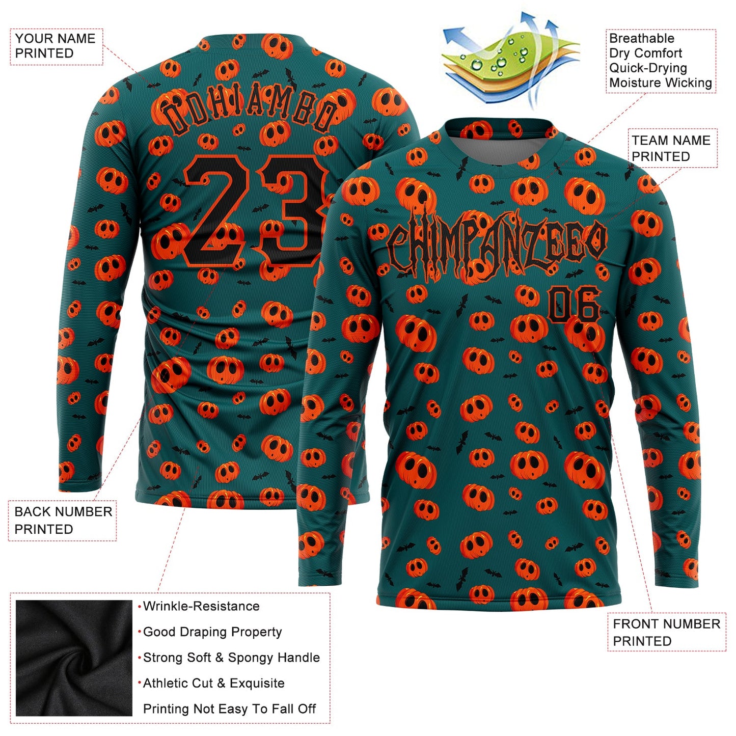 Custom 3D Pattern Halloween Pumpkins Long Sleeve Performance T-Shirt view 2