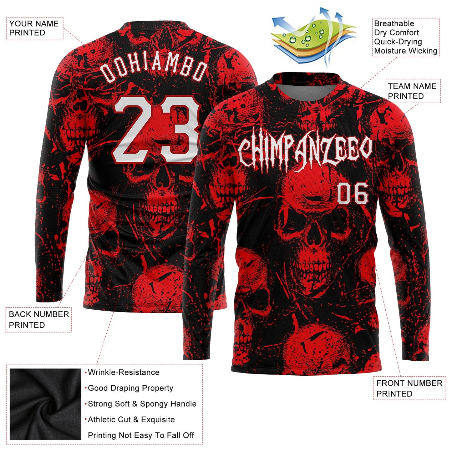 Custom 3D Pattern Halloween Skulls Long Sleeve Performance T-Shirt view 2