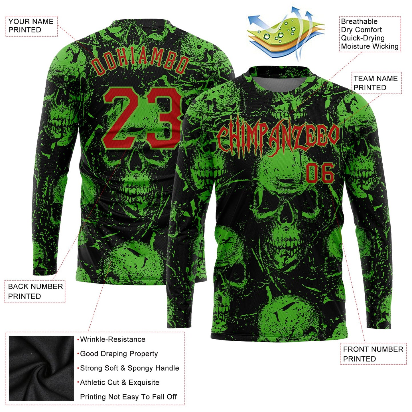 Custom 3D Pattern Halloween Skulls Long Sleeve Performance T-Shirt view 2
