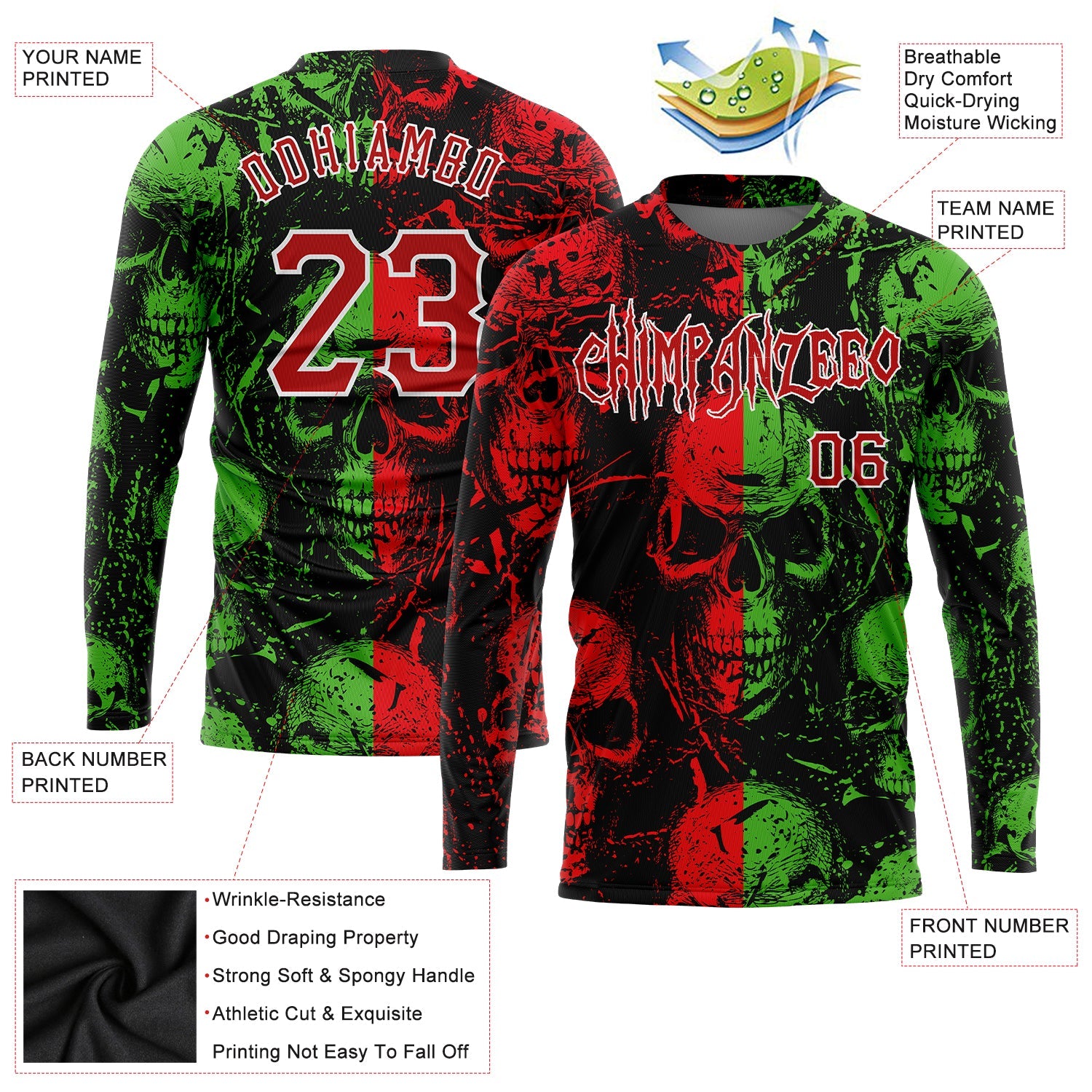 Custom 3D Pattern Halloween Skulls Long Sleeve Performance T-Shirt view 2