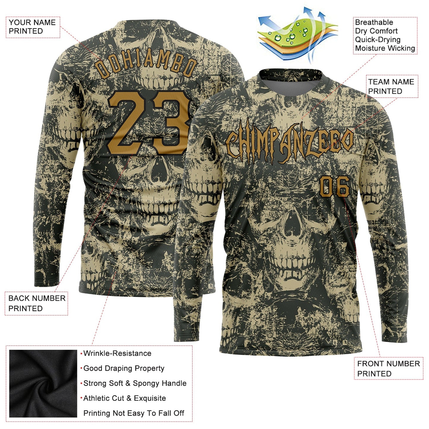 Custom 3D Pattern Halloween Skulls Long Sleeve Performance T-Shirt view 2