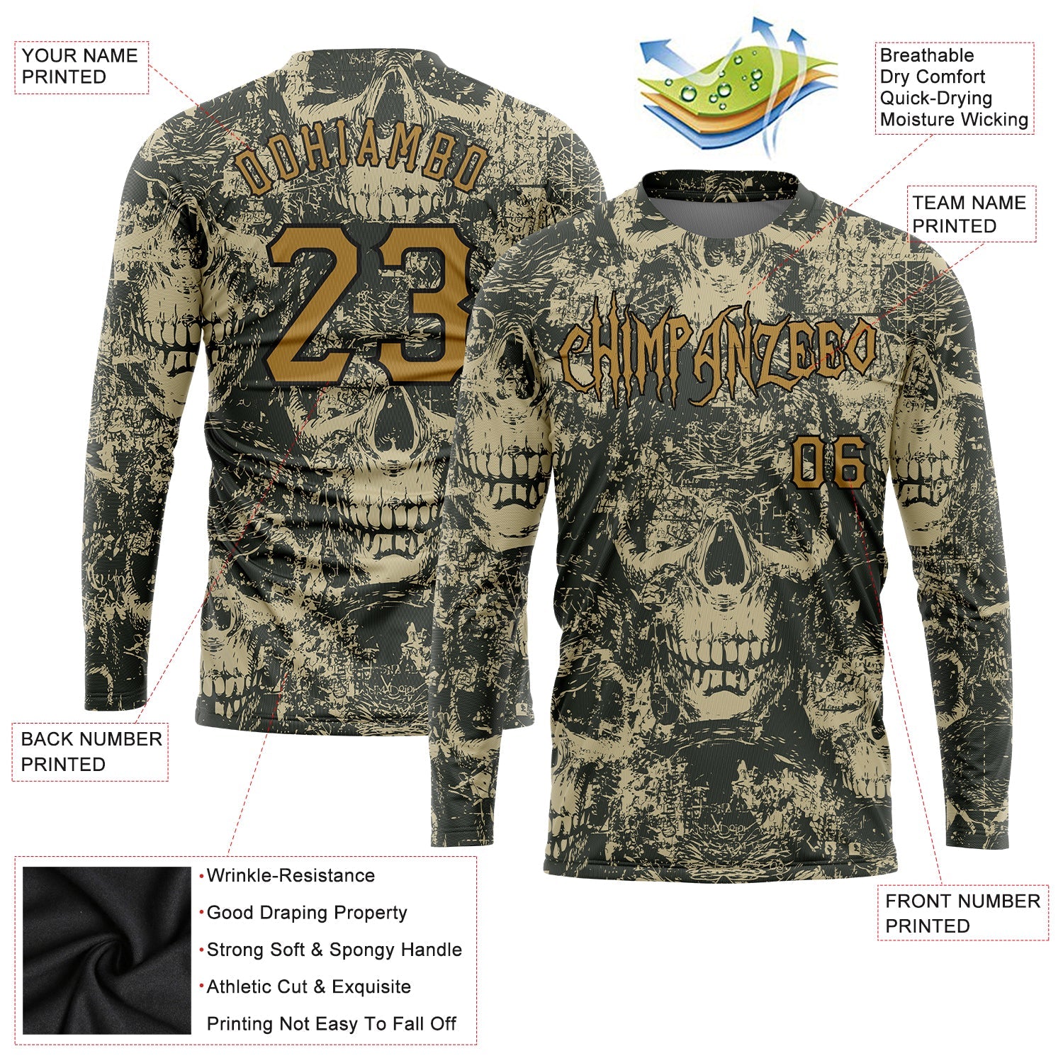 Custom 3D Pattern Halloween Skulls Long Sleeve Performance T-Shirt view 2