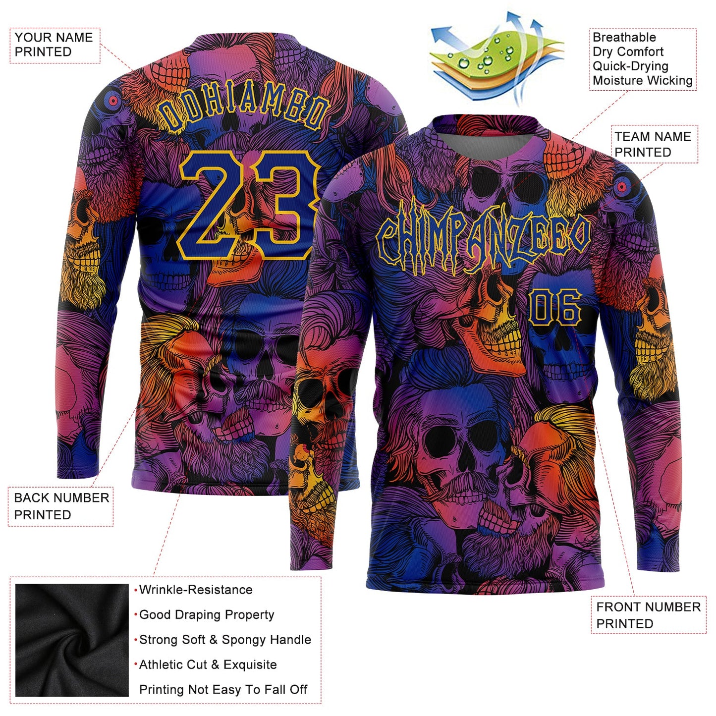 Custom 3D Pattern Halloween Skulls Long Sleeve Performance T-Shirt view 2