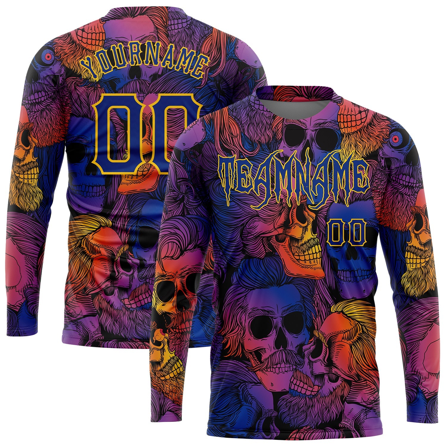 Custom 3D Pattern Halloween Skulls Long Sleeve Performance T-Shirt - Main View