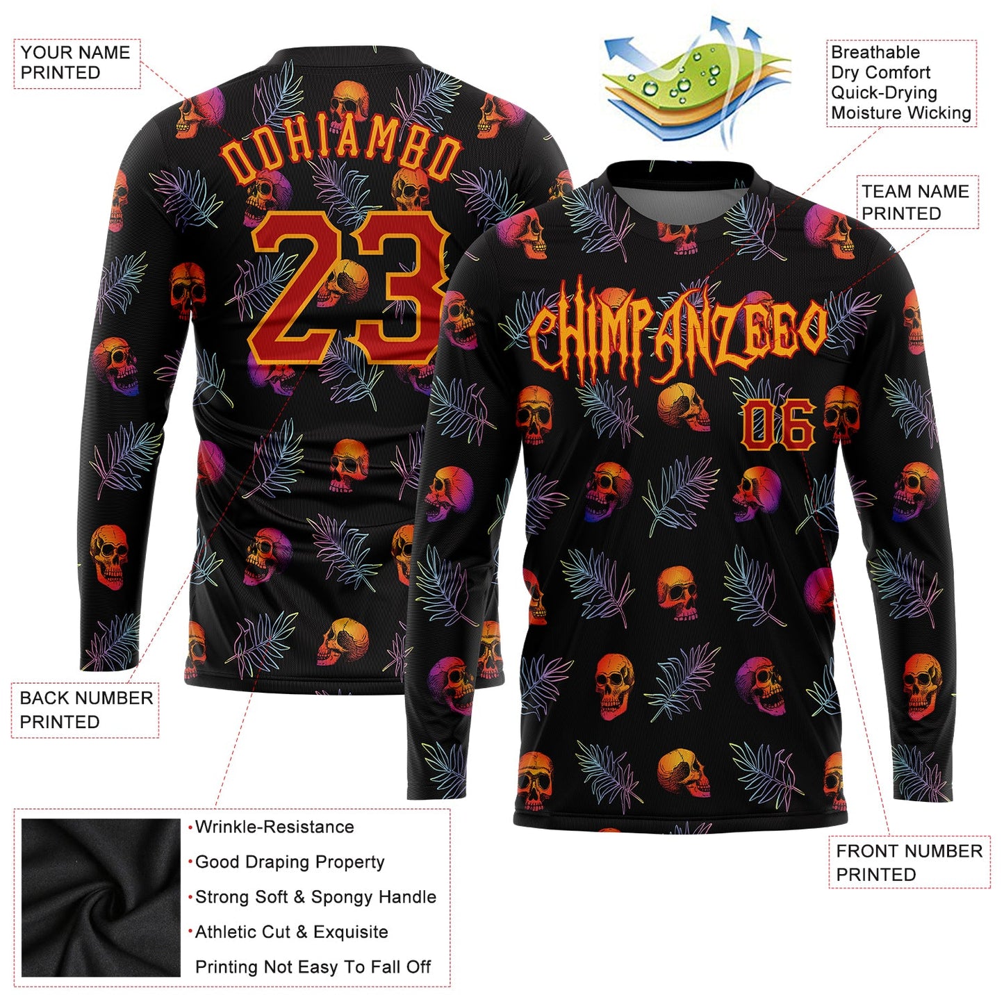 Custom 3D Pattern Halloween Skulls And Palm Leaves Long Sleeve Performance T-Shirt view 2