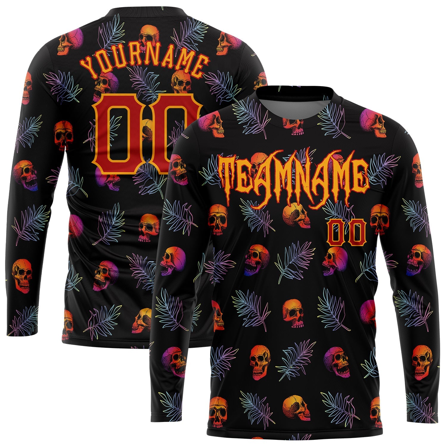 Custom 3D Pattern Halloween Skulls And Palm Leaves Long Sleeve Performance T-Shirt - Main View