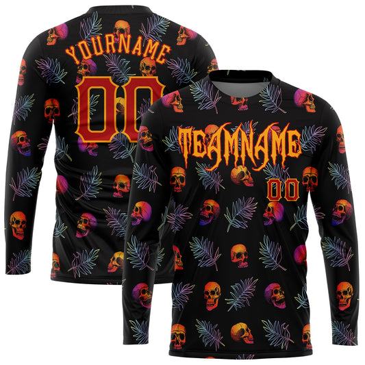 Custom 3D Pattern Halloween Skulls And Palm Leaves Long Sleeve Performance T-Shirt - Main View