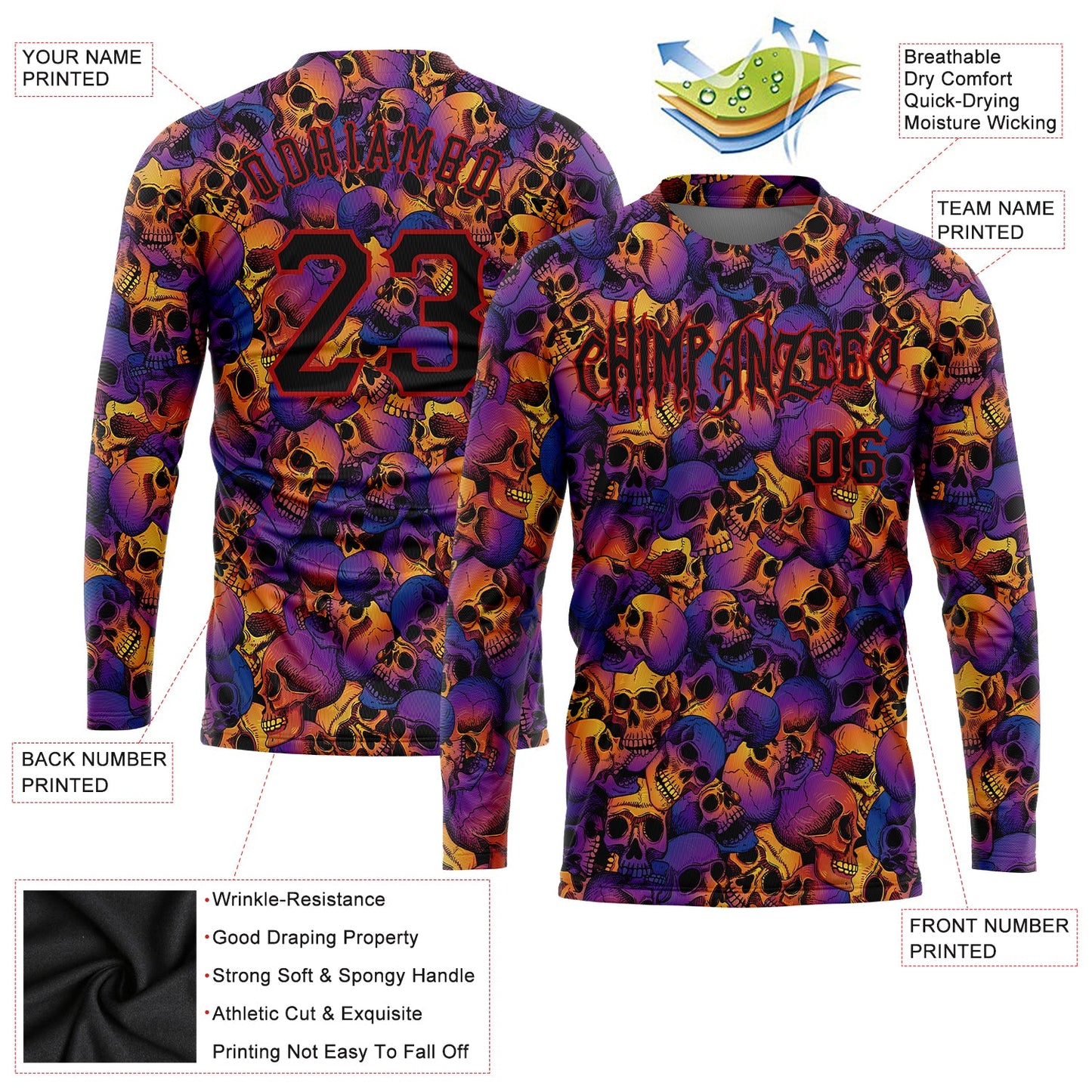 Custom 3D Pattern Halloween Skulls Long Sleeve Performance T-Shirt view 2