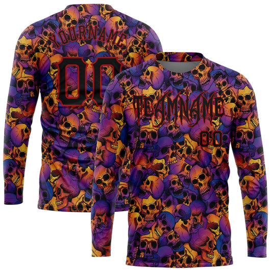 Custom 3D Pattern Halloween Skulls Long Sleeve Performance T-Shirt - Main View