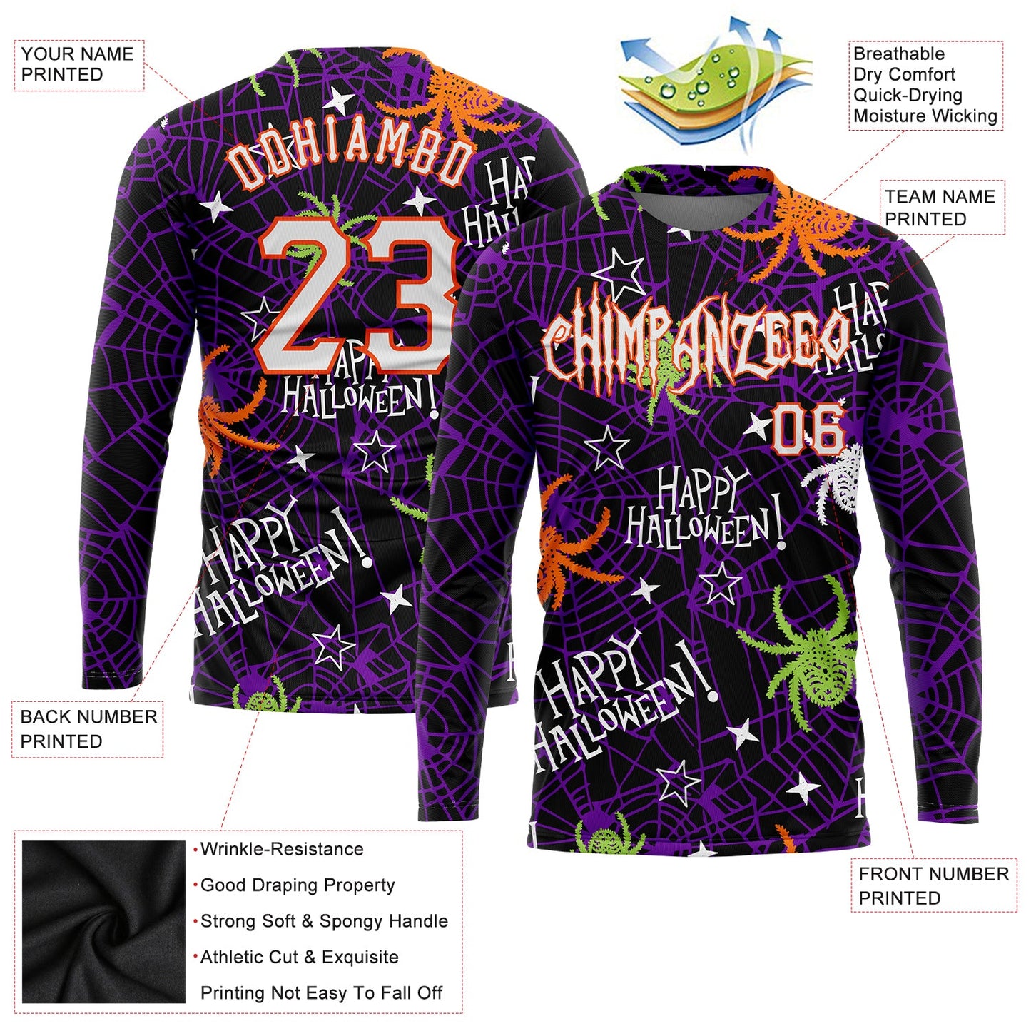 Custom 3D Pattern Happy Halloween Spiders Long Sleeve Performance T-Shirt view 2