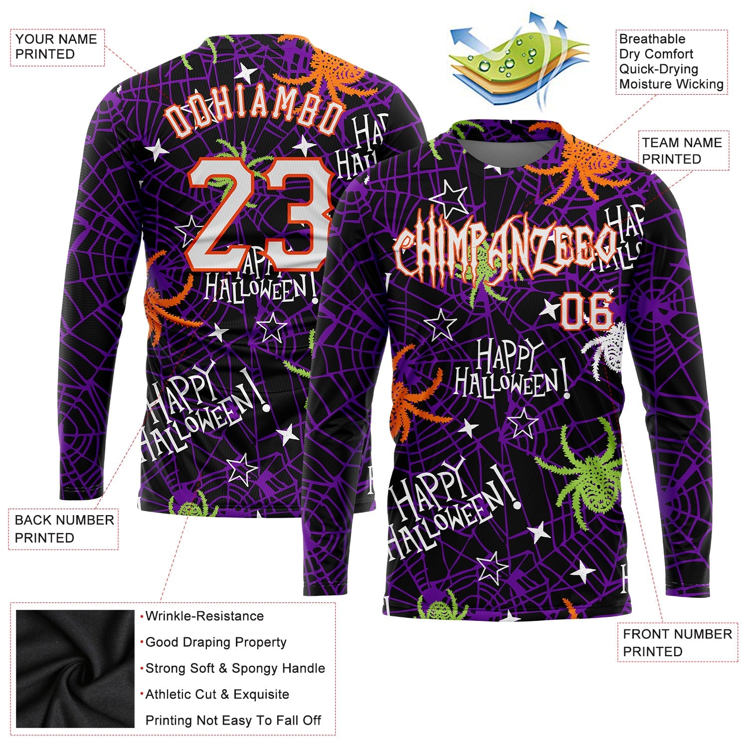 Custom 3D Pattern Happy Halloween Spiders Long Sleeve Performance T-Shirt view 2