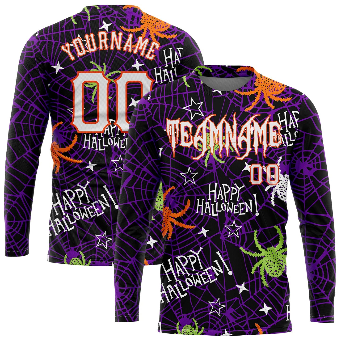 Custom 3D Pattern Happy Halloween Spiders Long Sleeve Performance T-Shirt - Main View