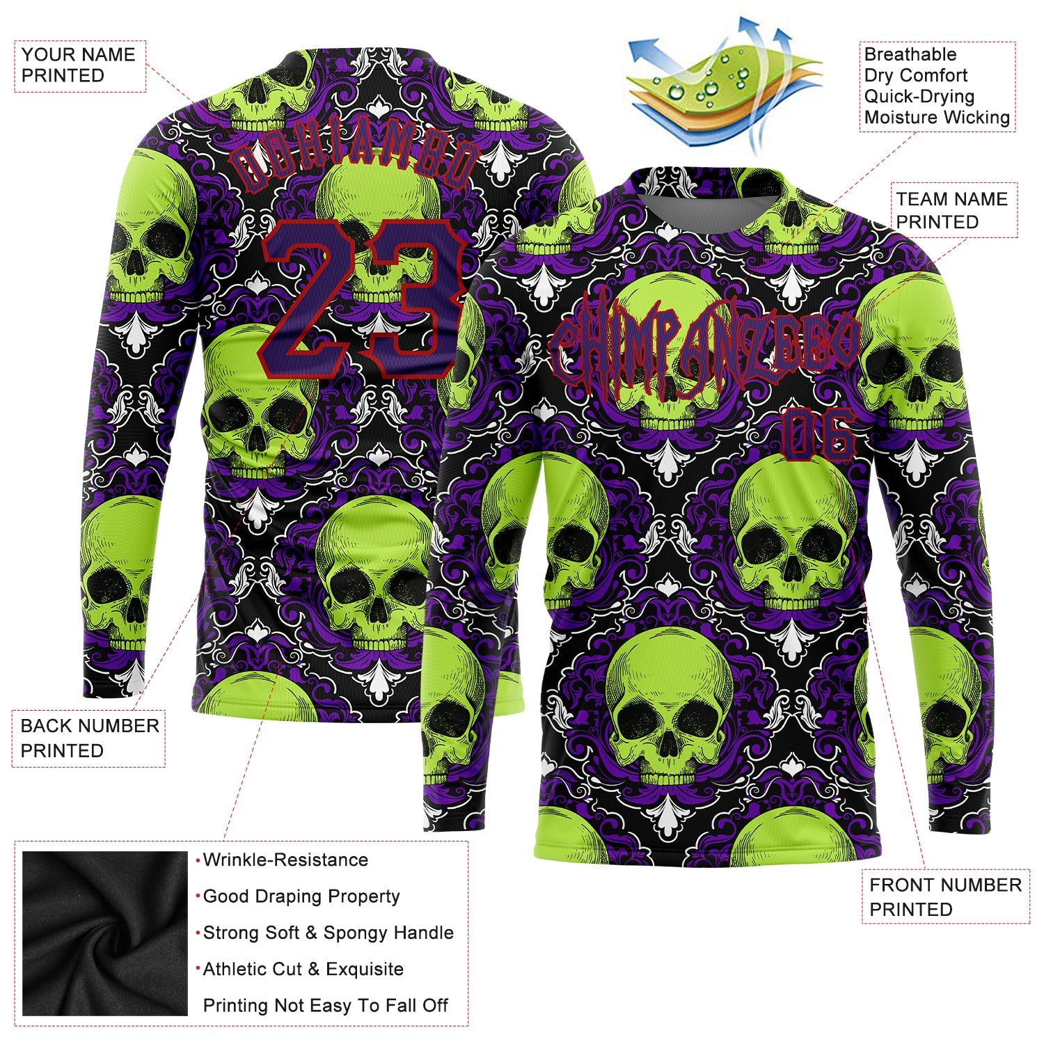 Custom 3D Pattern Halloween Skulls Long Sleeve Performance T-Shirt view 2