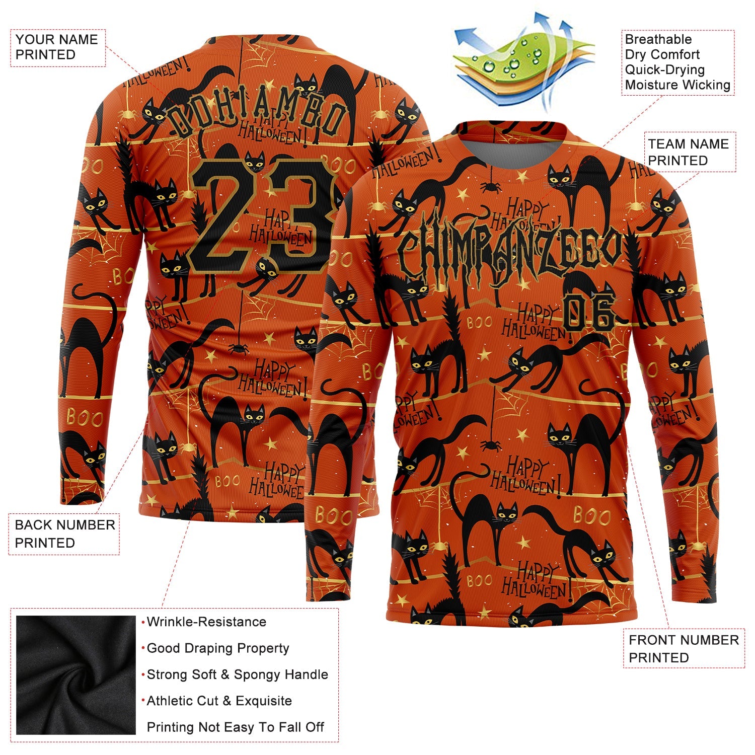 Custom 3D Pattern Happy Halloween Black Cats Spiders Long Sleeve Performance T-Shirt view 2