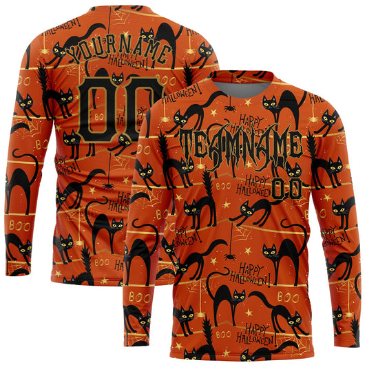 Custom 3D Pattern Happy Halloween Black Cats Spiders Long Sleeve Performance T-Shirt - Main View