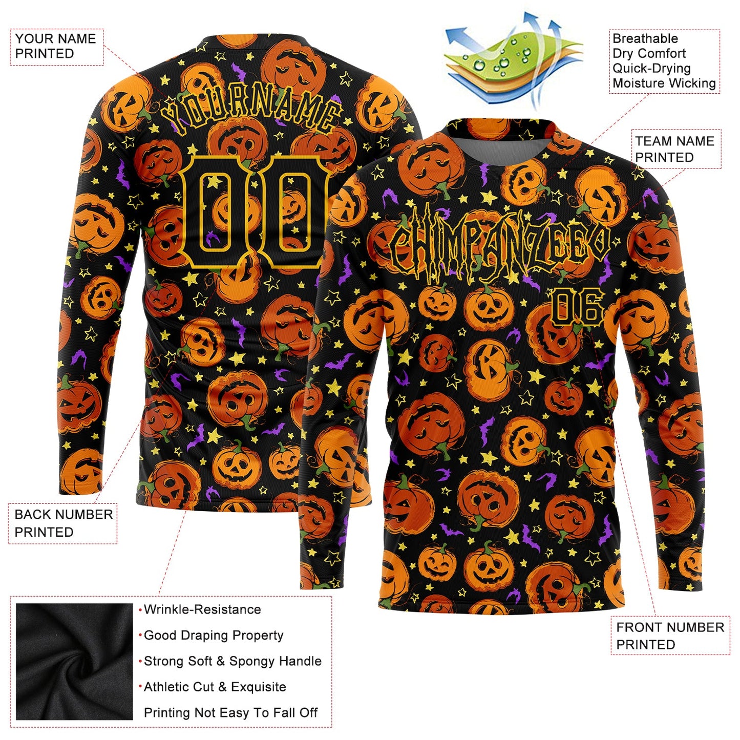 Custom 3D Pattern Halloween Pumpkins Bats Stars Long Sleeve Performance T-Shirt view 2