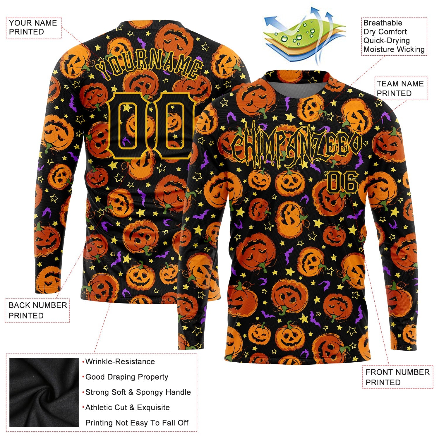 Custom 3D Pattern Halloween Pumpkins Bats Stars Long Sleeve Performance T-Shirt view 2