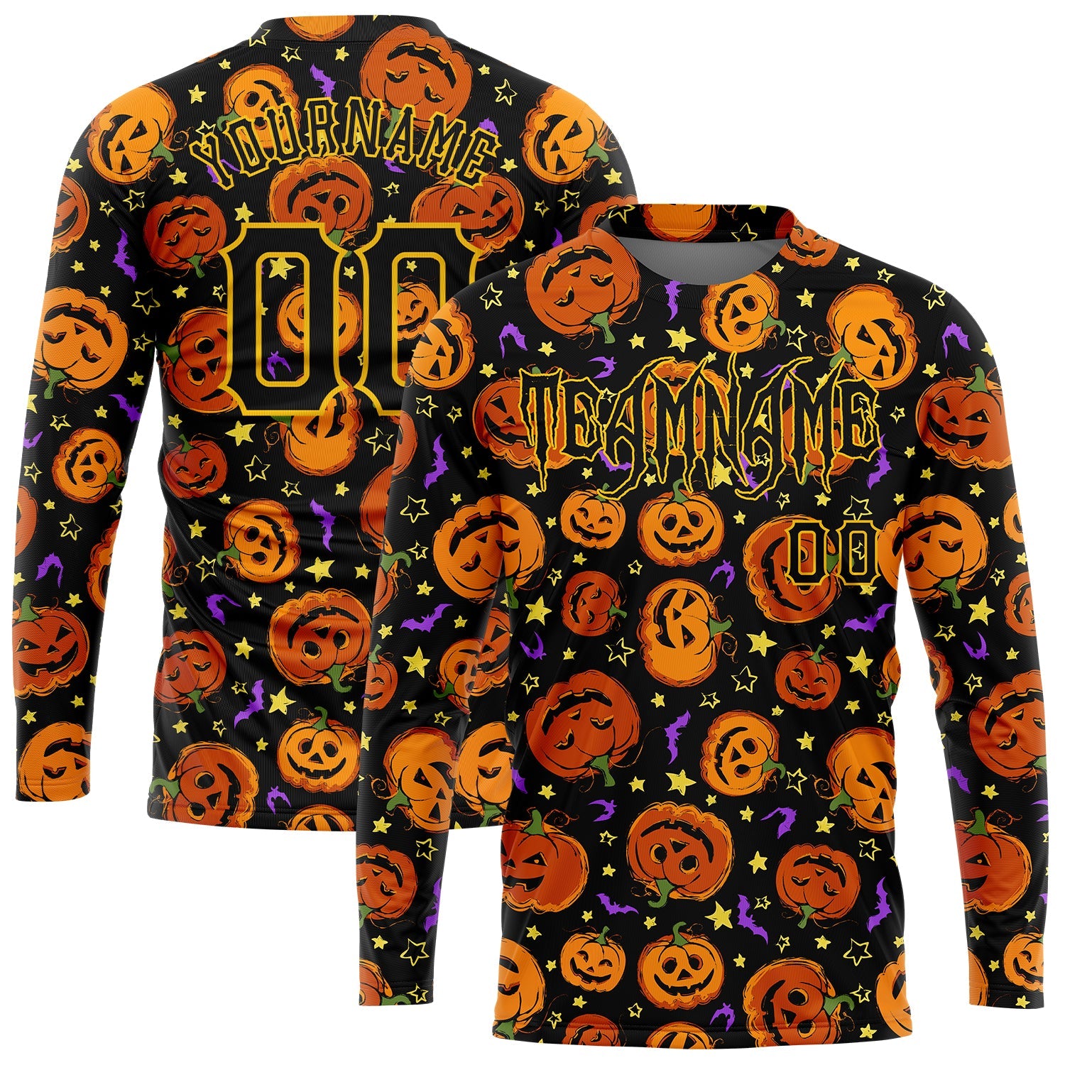 Custom 3D Pattern Halloween Pumpkins Bats Stars Long Sleeve Performance T-Shirt - Main View