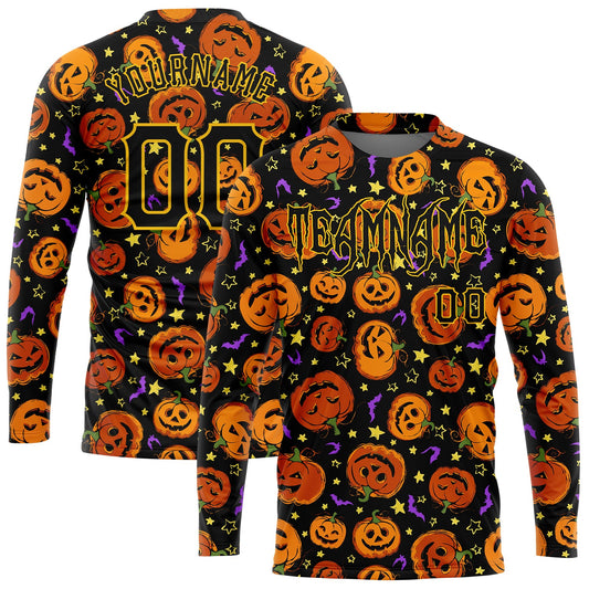 Custom 3D Pattern Halloween Pumpkins Bats Stars Long Sleeve Performance T-Shirt - Main View