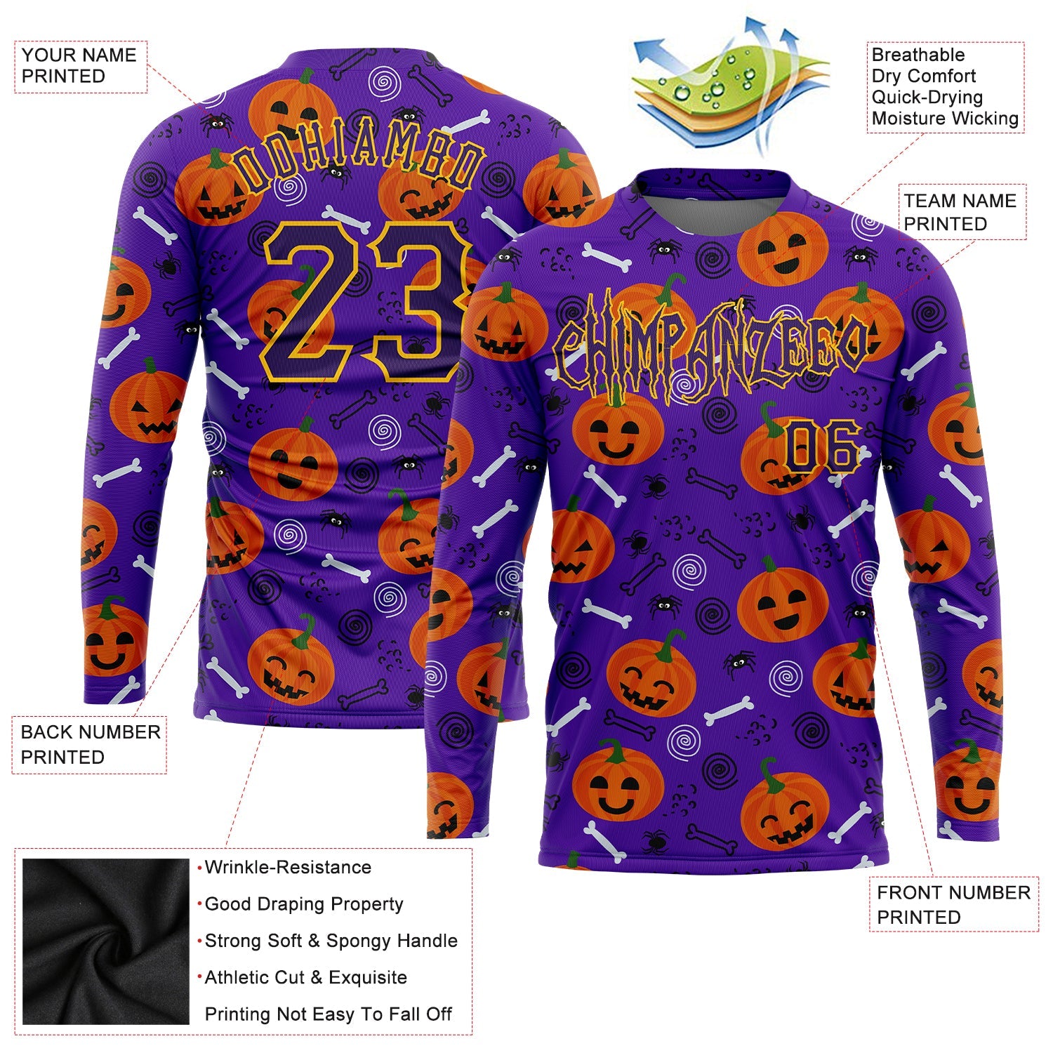 Custom 3D Pattern Halloween Pumpkins Long Sleeve Performance T-Shirt view 2