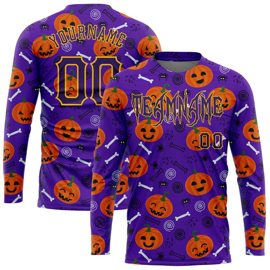 Custom 3D Pattern Halloween Pumpkins Long Sleeve Performance T-Shirt - Main View