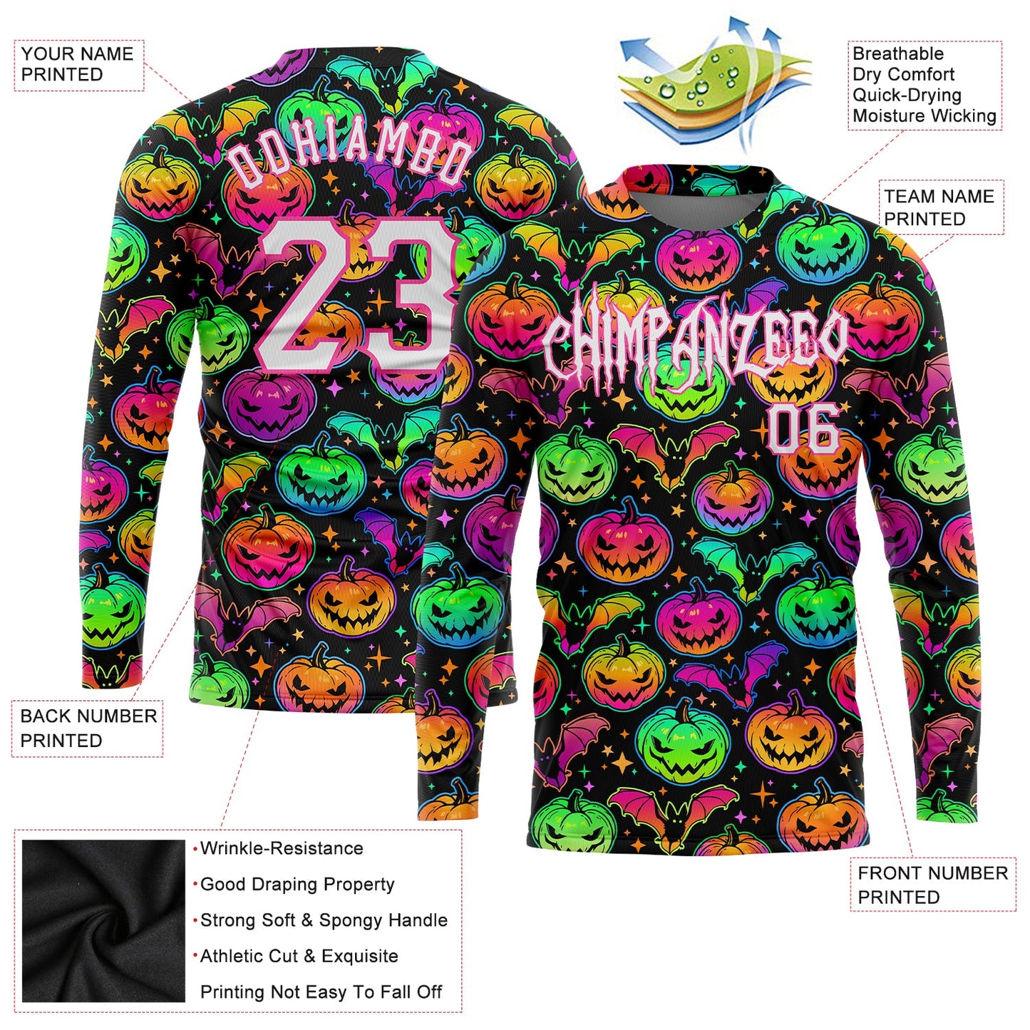 Custom 3D Pattern Bright Multicolored Halloween Pumpkins And Bats Long Sleeve Performance T-Shirt view 2