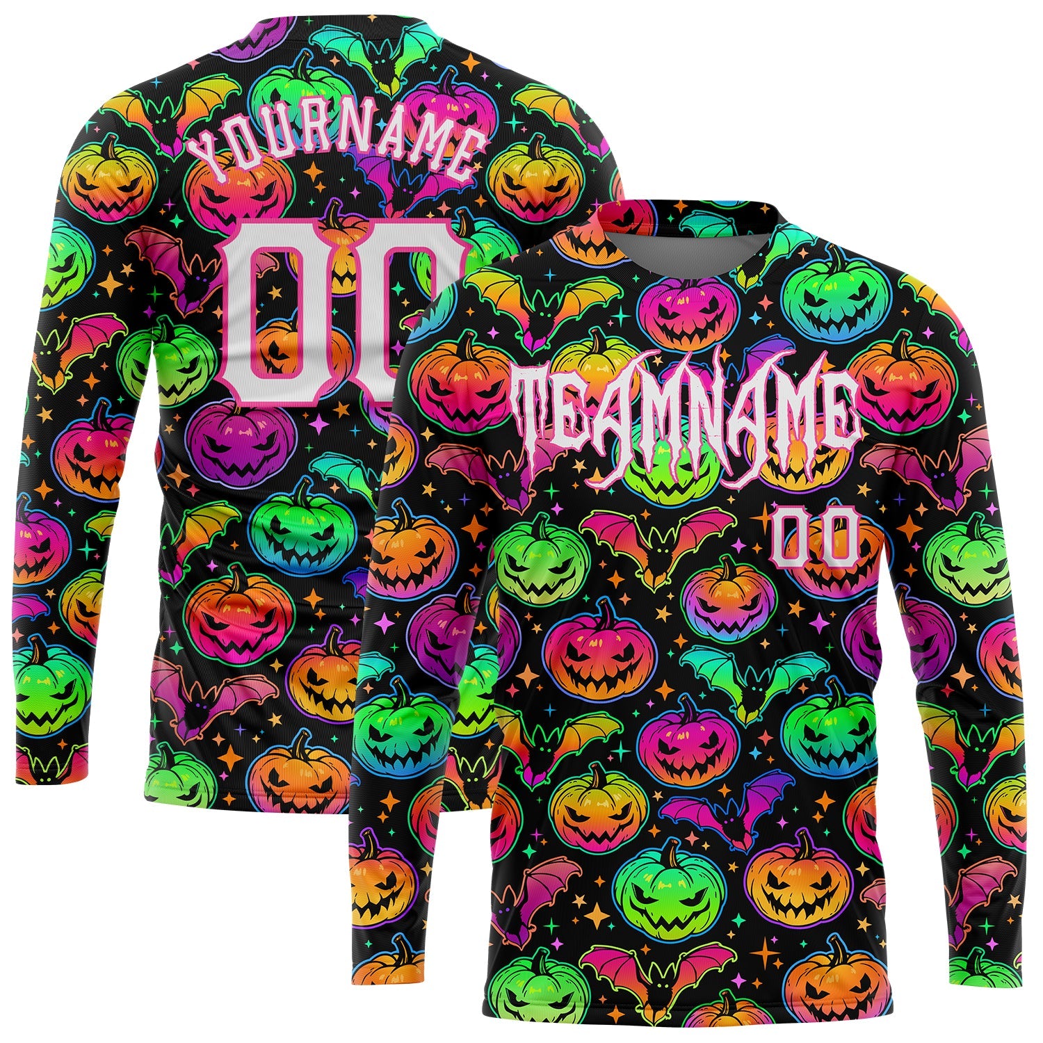 Custom 3D Pattern Bright Multicolored Halloween Pumpkins And Bats Long Sleeve Performance T-Shirt - Main View