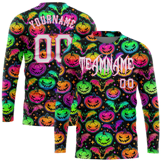 Custom 3D Pattern Bright Multicolored Halloween Pumpkins And Bats Long Sleeve Performance T-Shirt - Main View