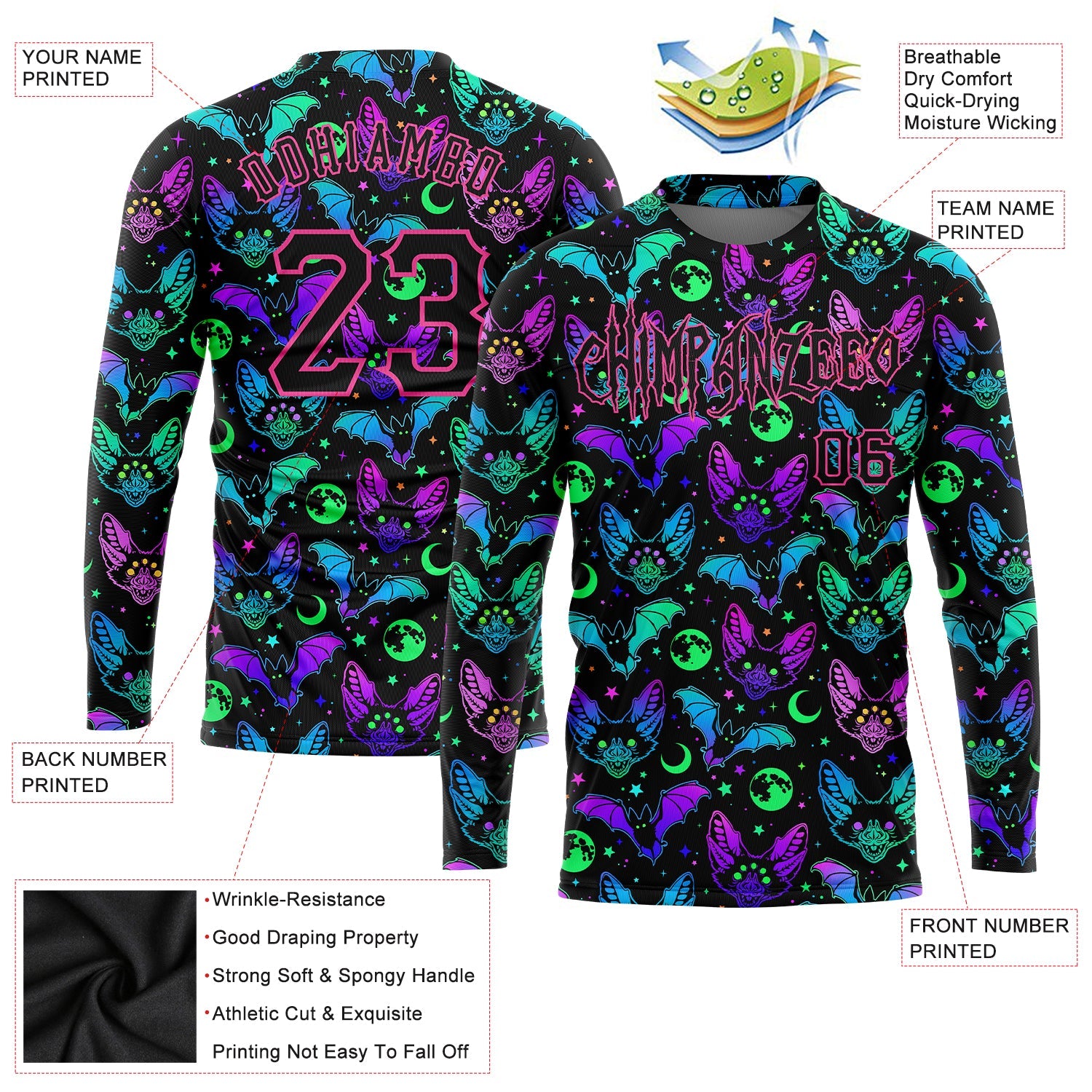 Custom 3D Pattern Bright Multicolored Halloween Bats Long Sleeve Performance T-Shirt view 2