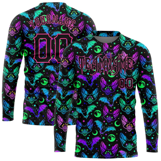 Custom 3D Pattern Bright Multicolored Halloween Bats Long Sleeve Performance T-Shirt - Main View