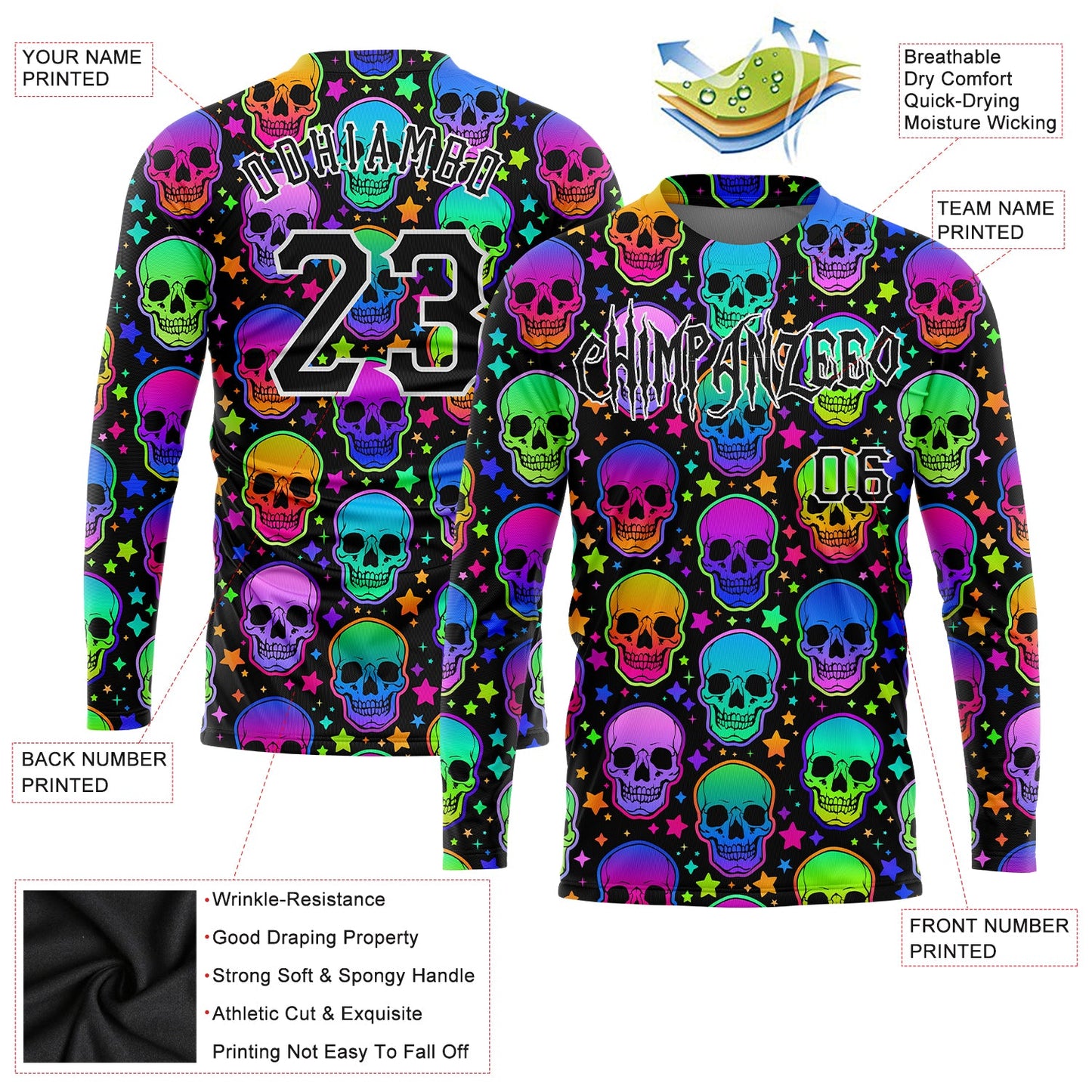 Custom 3D Pattern Bright Multicolored Halloween Skulls Long Sleeve Performance T-Shirt view 2